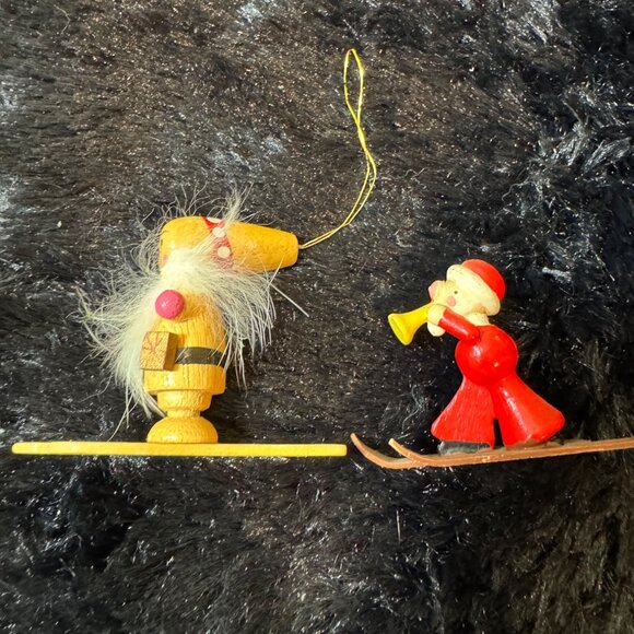 Vintage Wooden & Plastic Skiing Santa Ornaments Set - Picture 2 of 3